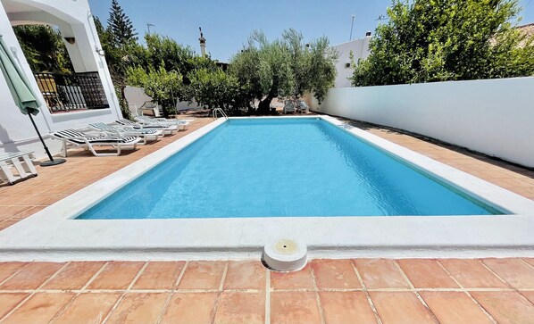 A rectangular swimming pool with a white border, surrounded by a tiled patio. - WELCOME TO PARADISE (Coin)