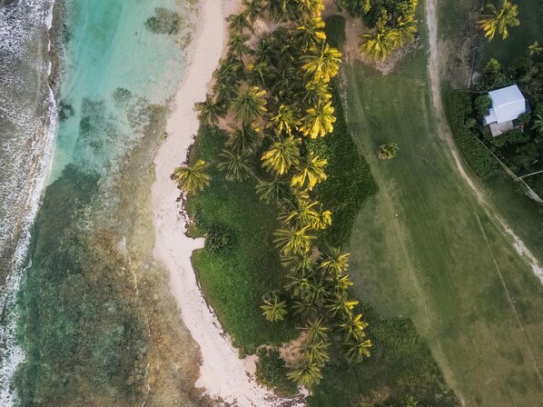 On the beach, sun loungers, beach towels