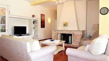 TV connectée, cheminée, lecteur de DVD, table de tennis de table