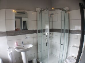 Combined shower/tub, hair dryer, towels, soap