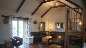 Smart TV, fireplace, DVD player, books