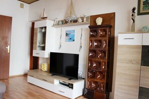 Téléviseur, lecteur de DVD, livres
