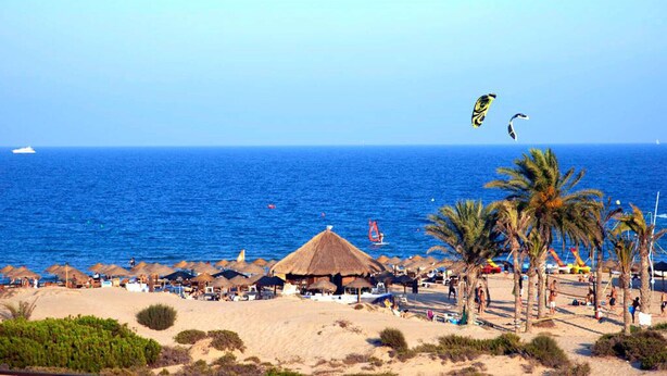 Een strand met rieten hutten, palmbomen en een heldere blauwe zee.