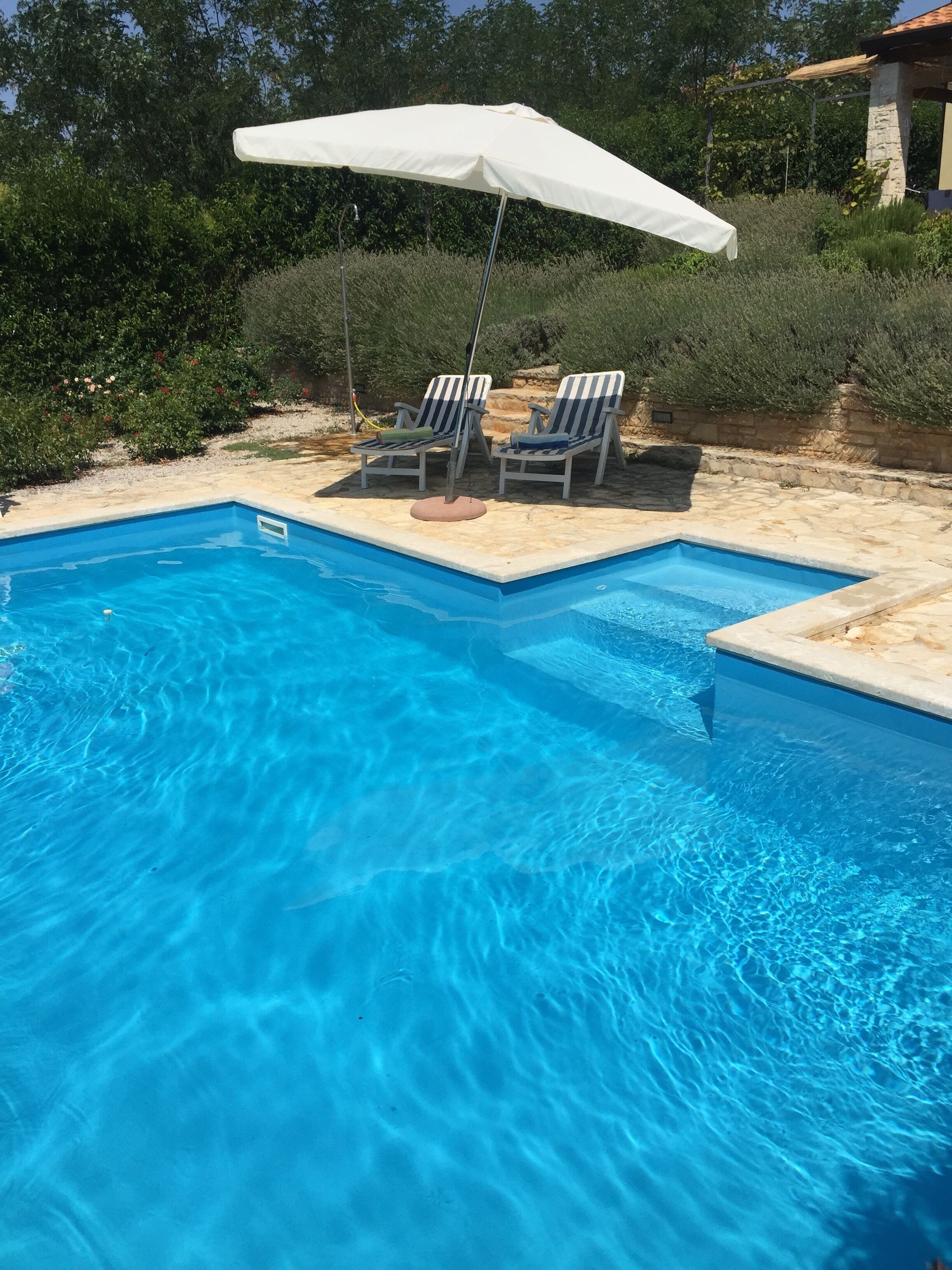 A rectangular swimming pool with clear blue water, two lounge chairs with striped cushions, and a white umbrella.