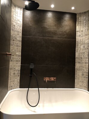 Bathtub, hair dryer, bidet, towels
