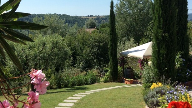 Un jardin avec un chemin bien défini, de grands cyprès et une grande variété de fleurs.
