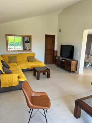 Tv, dvd-spelare, ett bordtennisbord och en stereo