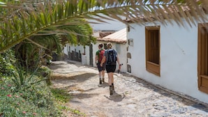 Un étroit sentier pavé, bordé de bâtiments blancs aux volets en bois, mène à une porte.