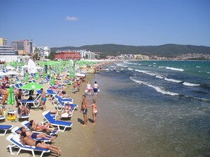Beach nearby, sun loungers