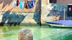 Un gato sobre una repisa de piedra junto a un canal, con un bote y un edificio con ropa tendida.