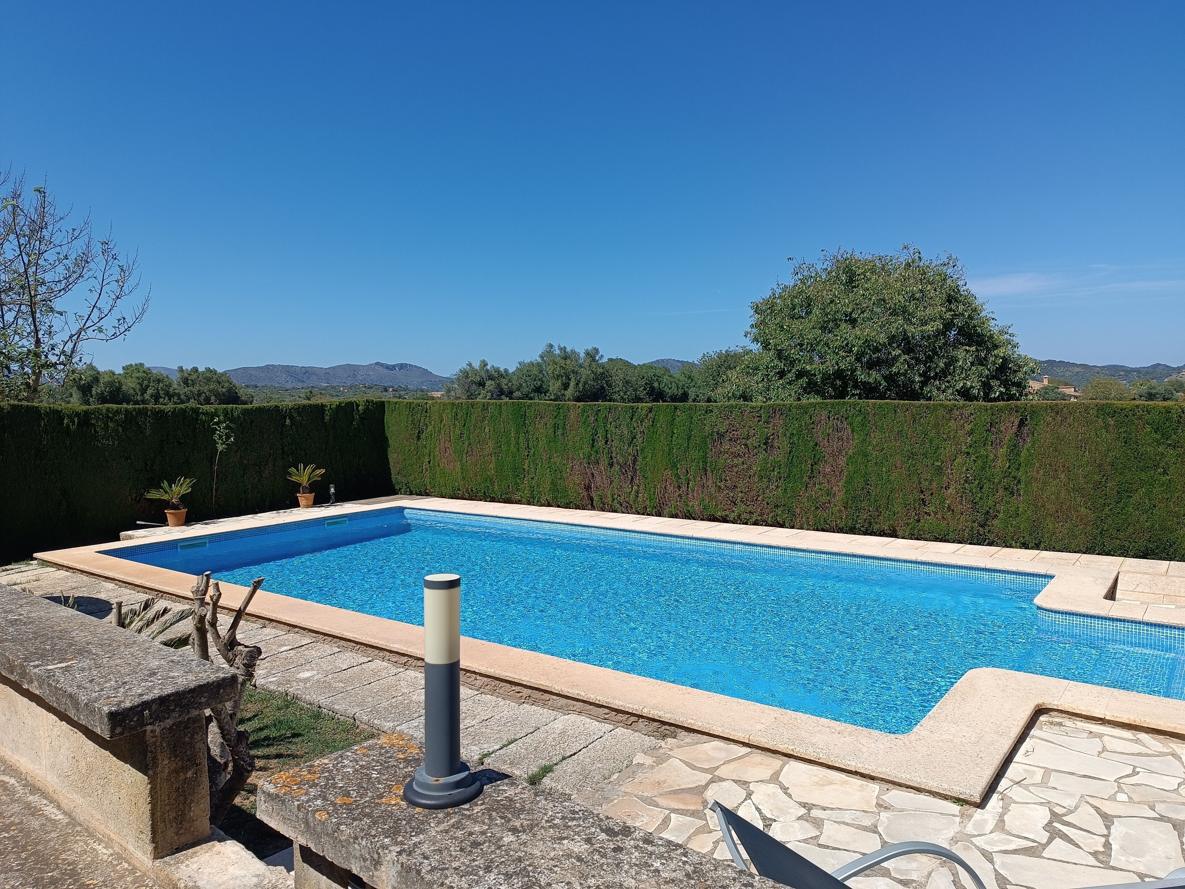 Ein rechteckiger Swimmingpool mit klarem, blauem Wasser, umgeben von Steinplatten und einer niedrigen Steinmauer.