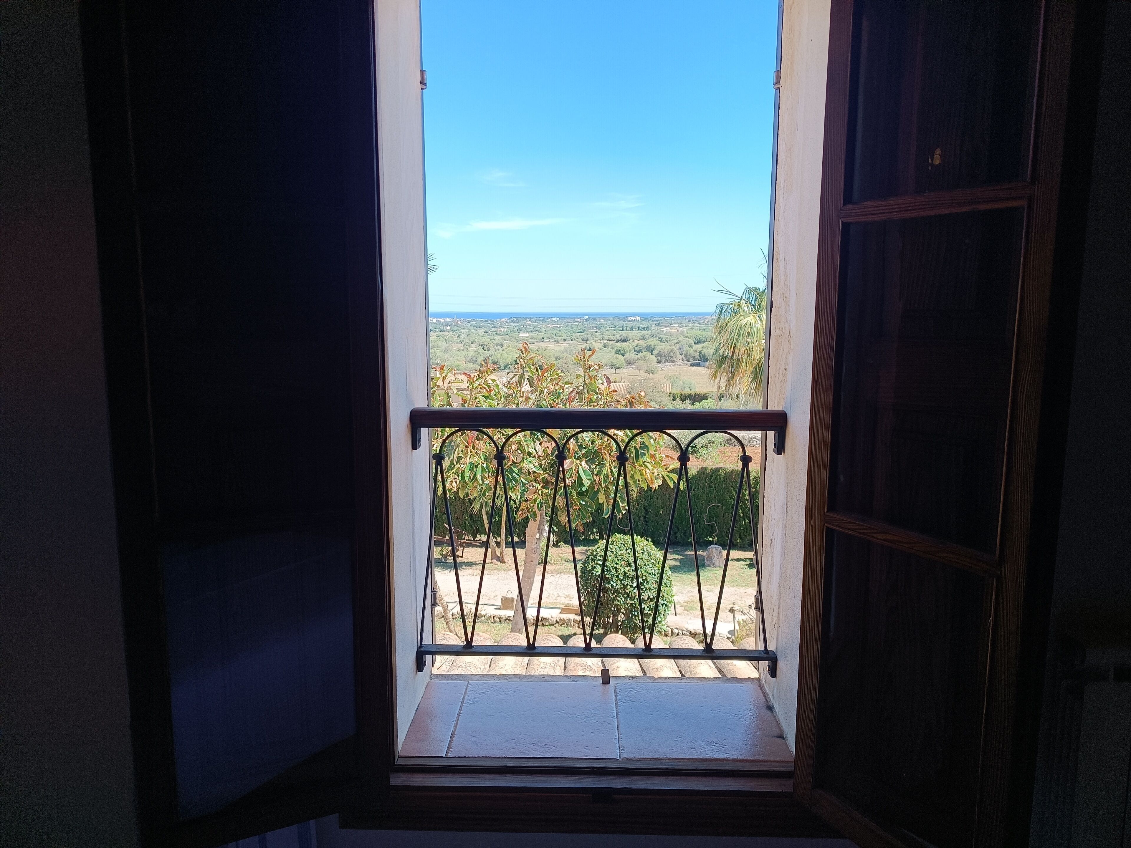 A window with a metal railing, offering a view of a garden and distant landscape.