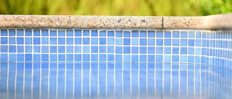 A clear view of a swimming pool with blue tiles and a stone border.