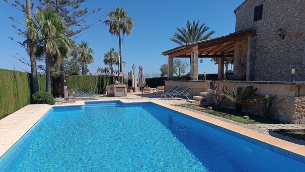 A rectangular swimming pool with clear blue water, surrounded by a stone wall and a wooden pergola.