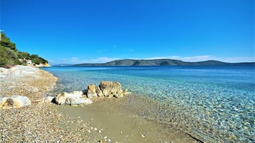 On the beach, sun loungers, beach towels