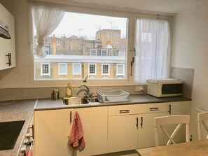 Fridge, microwave, dishwasher, coffee/tea maker