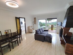 Télévision, cheminée, table de tennis de table