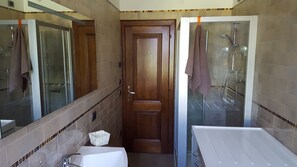 Hair dryer, towels, soap, toilet paper
