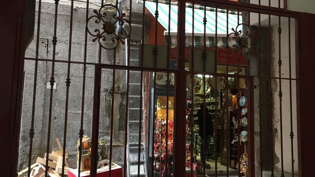 A wrought iron gate with a lion emblem, leading to a shop with various items on display. - Fafà Apartment in Spaccanapoli (Napoli)