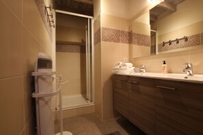 Shower, hair dryer, soap, toilet paper