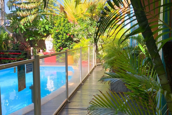 Una piscina al aire libre, sillones reclinables de piscina