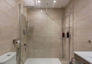 Douche, sèche-cheveux, serviettes fournies, savon