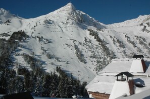 A snow-covered mountain with ski slopes and a small wooden cabin with a snow-covered roof.