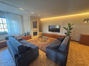 TV, fireplace, table tennis, books