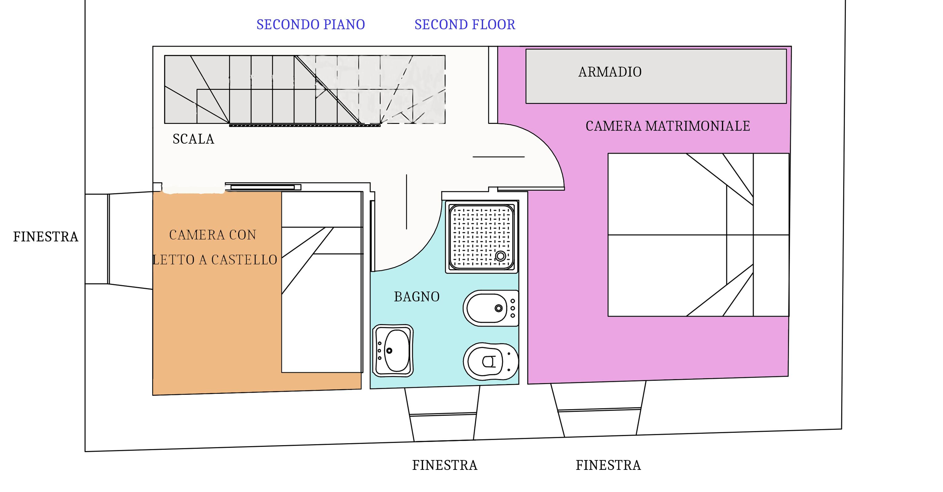 A floor plan with a second piano, second floor, armadillo, camera matrimonial, camera con, letto a castello, bagno, and finestra.