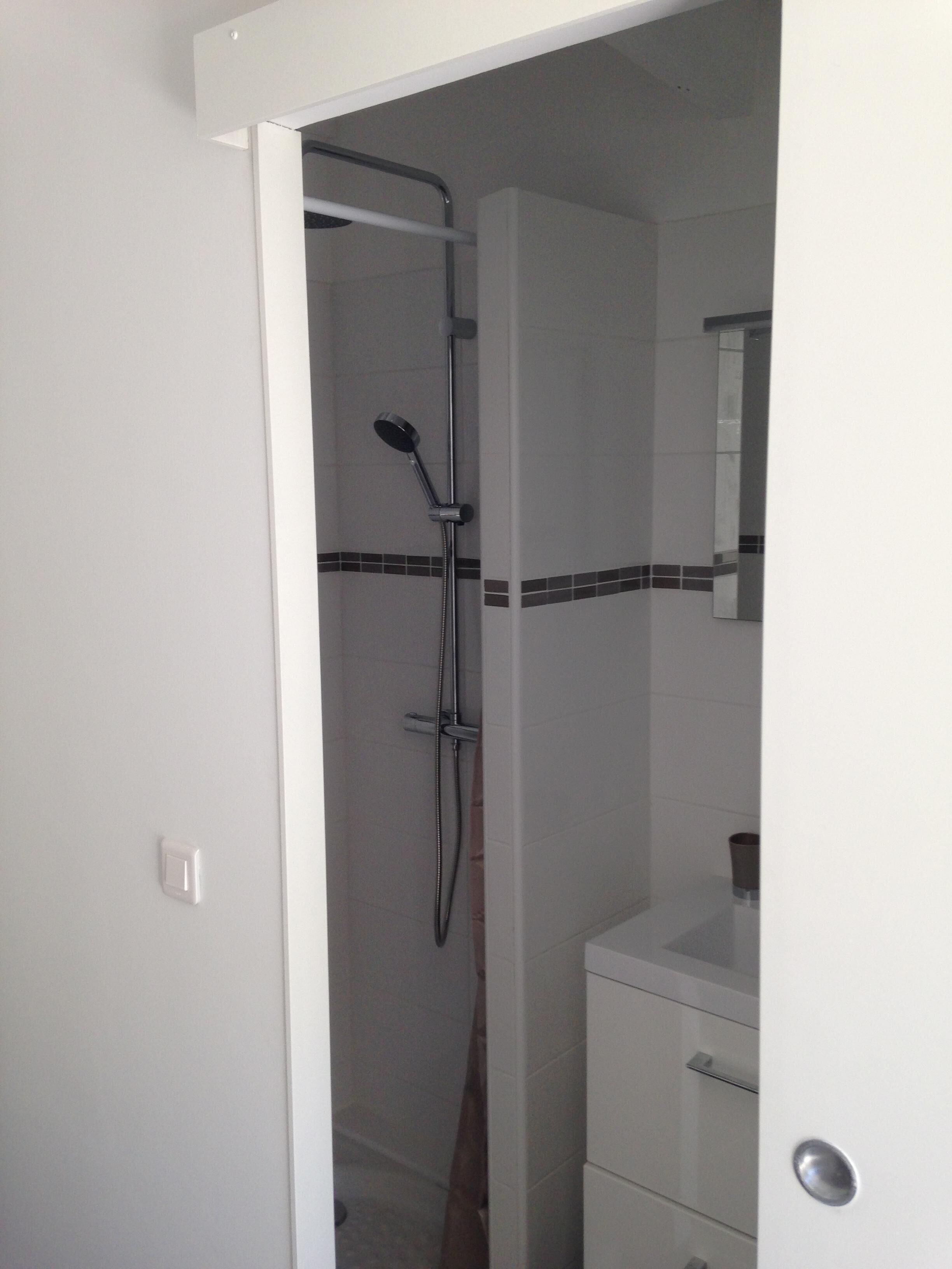 A bathroom with a shower, a mirror, and a sink.