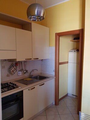 Frigorífico, microondas, horno y placa de cocina