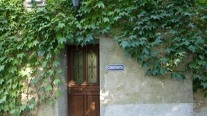 A rustic building with a wooden door, a nameplate reading 'CONSTANTIA,' and a stone wall partially covered by ivy.