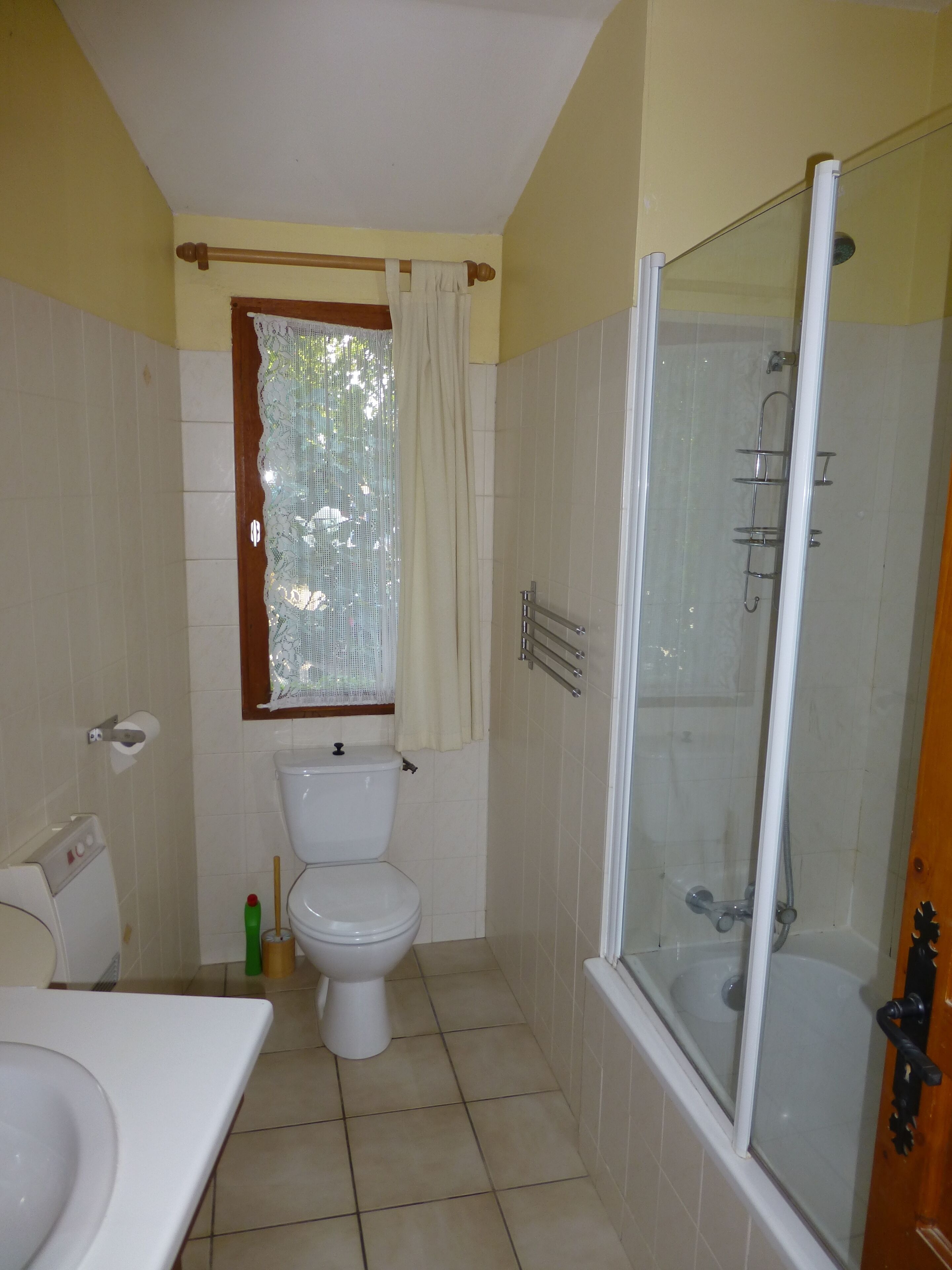 A bathroom with a toilet, a shower, and a sink.