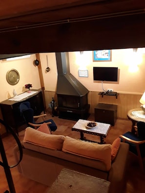 Fernseher, Kamin, DVD-Player, Bücher