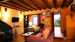 A cozy living room with a fireplace, a sofa, a coffee table, and a bookshelf. - Casas Rurales Los Arrayanes for 4 people (Ronda)