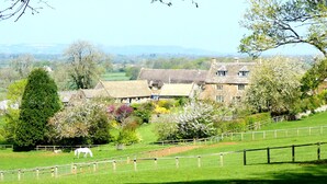 A rural landscape with a stone house surrounded by lush greenery and a fenced field. - COTSWOLD COTTAGE IN A QUIET VILLAGE WITH LARGE GARDEN (Great Rissington)