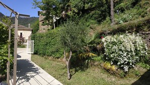 A stone building with a tiled roof, surrounded by lush greenery and a small garden with white flowering plants.
