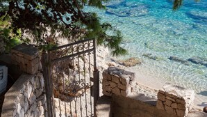 A stone staircase leading to a beach with clear blue water, a metal gate, and a tree providing shade.