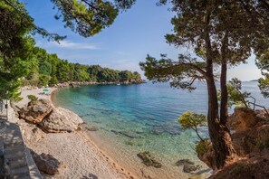 A beach with clear water, rocky shore, and trees. - 5 bedroom Beach Front villa on Peljesac. Stunning beach.1st ROW. AMERICAN OWNER (Mokalo)