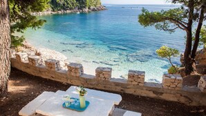 A stone table with a glass and a vase, overlooking a clear blue sea and rocky coastline.