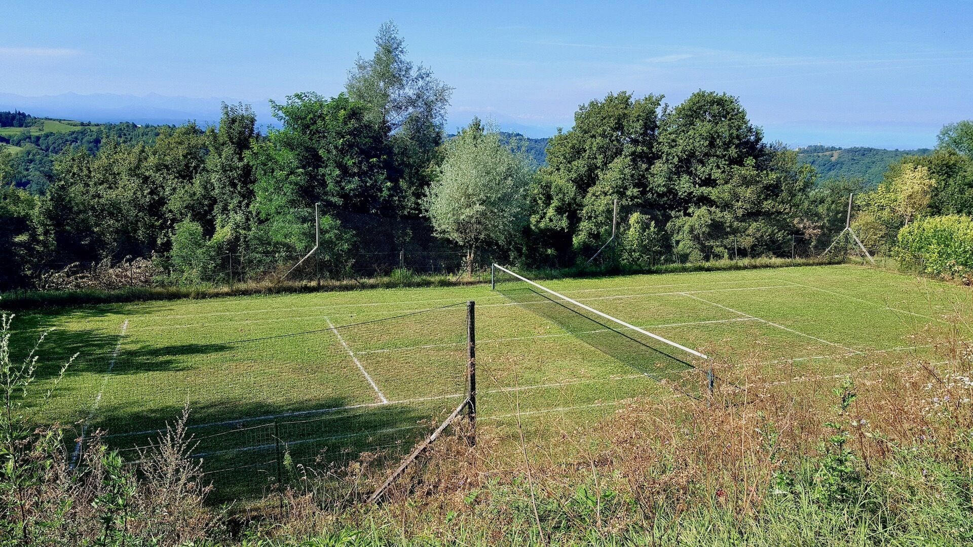 Una cancha de tenis rodeada de árboles y una valla.