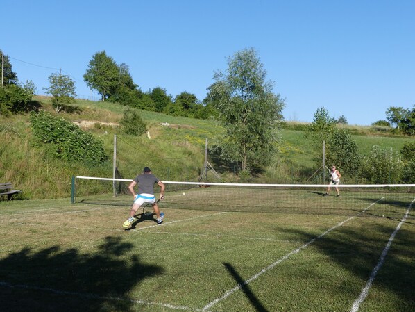 Ein Tennisplatz mit Netz in der Mitte, umgeben von einer Rasenfläche mit Bäumen und einem Zaun.