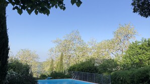 En swimmingpool med en metalstige, omgivet af grønt og træer. Der er liggestole og et lille bord ved poolen.