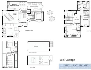Floor plans of Beck Cottage, including a dining room, kitchen, conservatory, lounge, bedrooms, bathroom, and games room.