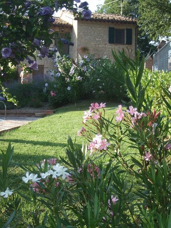 Un bâtiment en pierre avec un toit en tuiles, entouré d’un jardin bien entretenu où poussent différentes plantes à fleurs et une pelouse.