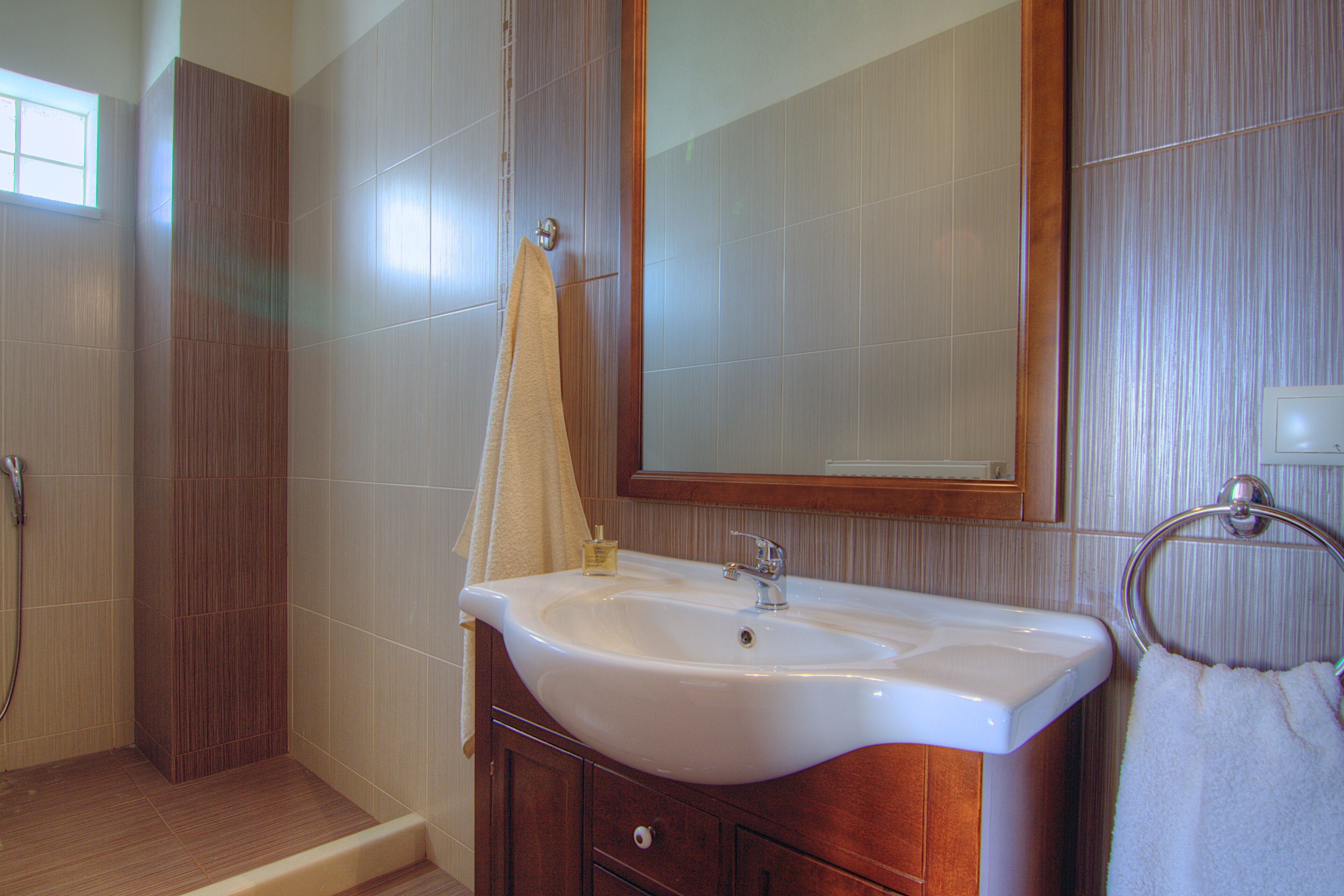 Une salle de bain avec un lavabo, un miroir et un meuble-lavabo en bois.