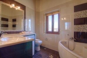 Combined shower/bathtub, hair dryer, towels, soap