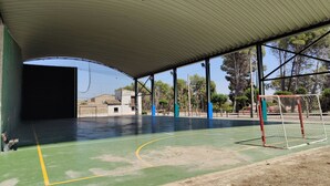 Een indoor sportveld met een groene speeloppervlak, een doelpaal en een overdekt gebied met een gebogen dak.