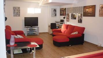 Een televisie, een open haard, videogames en een dvd-speler