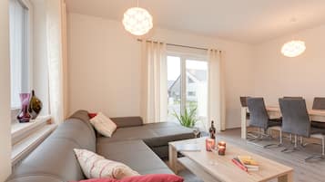 TV, fireplace, books, stereo